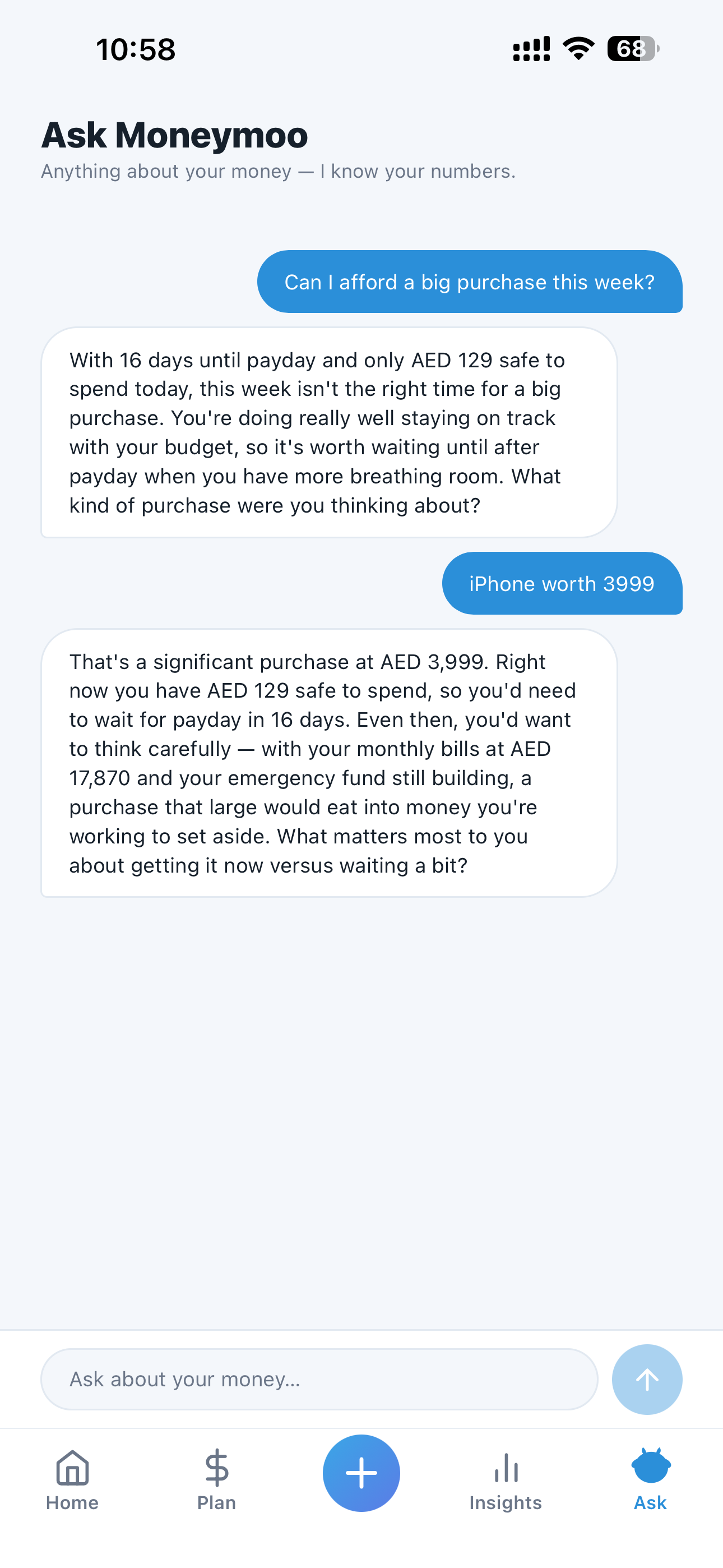 Moneymoo Ask screen, the AI money coach