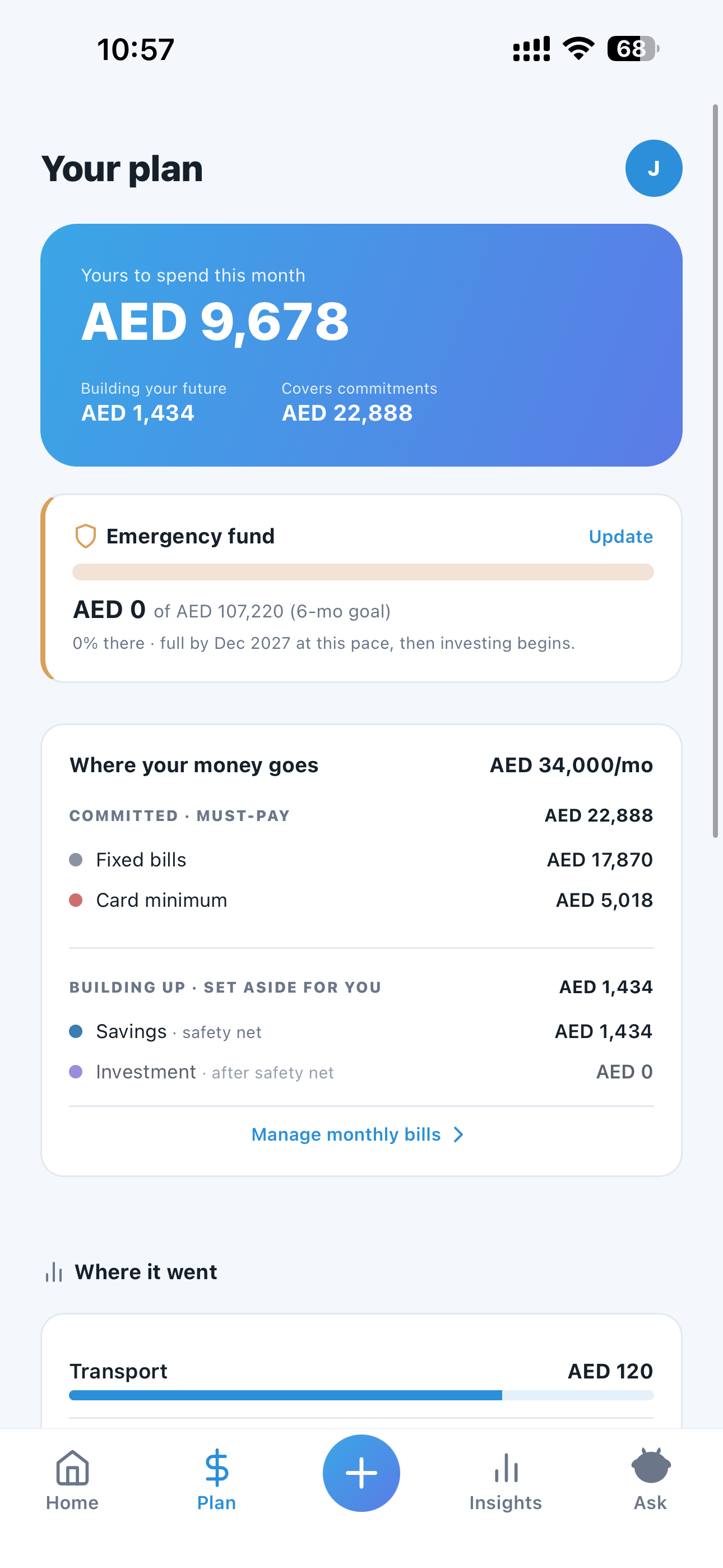 Moneymoo plan screen showing where your money goes